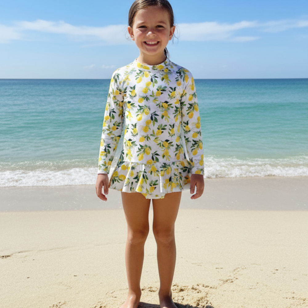 Long Sleeve Lemon Print Rash Swimsuit