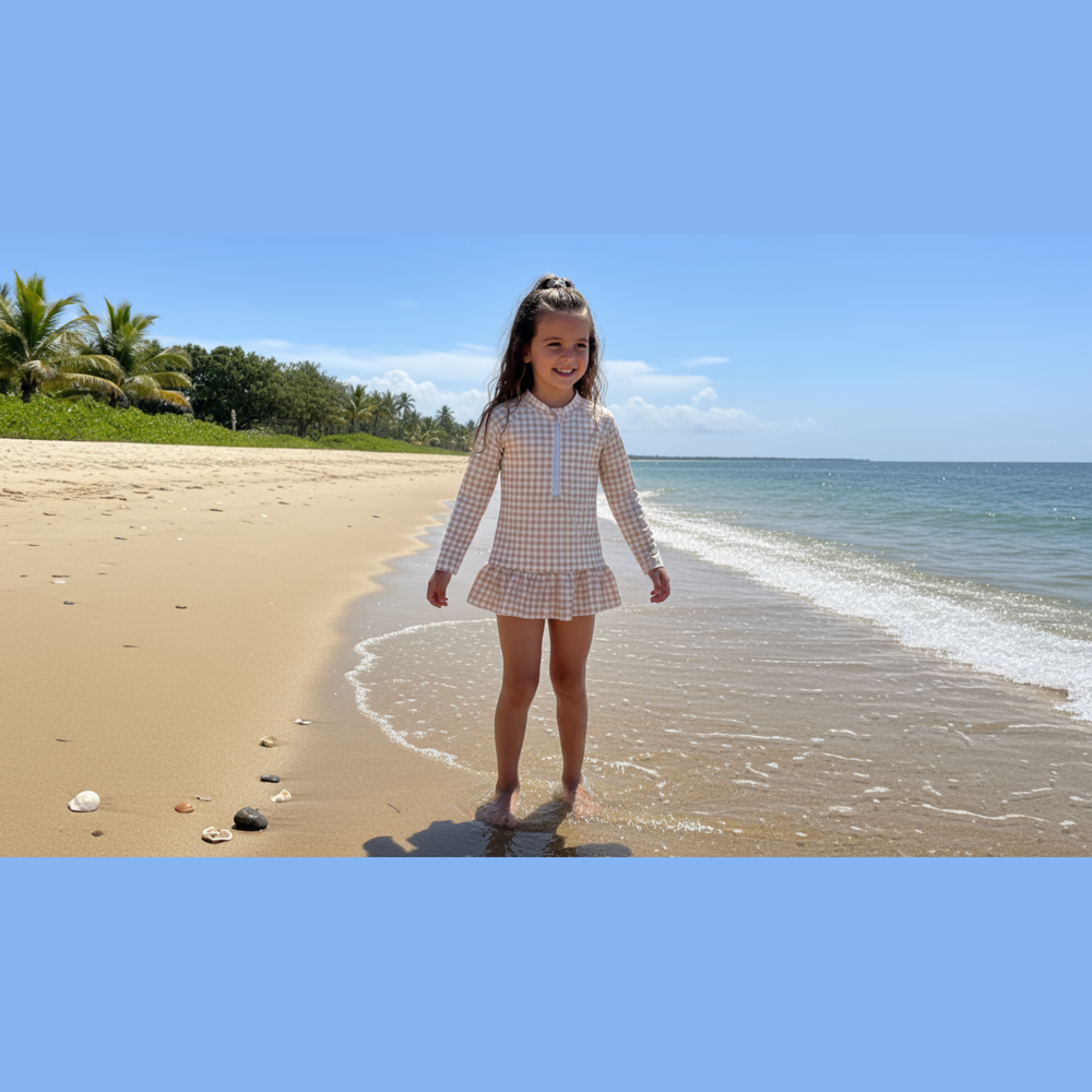 Young girl in a checkered dress standing on a sandy beach with ocean and sky in the background