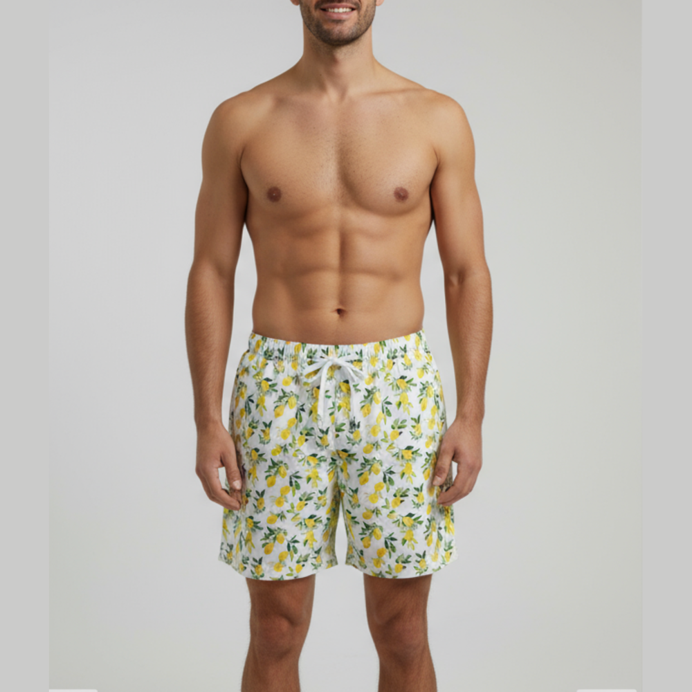 Men’s Lemon Print Shorts with Drawstring and Pockets