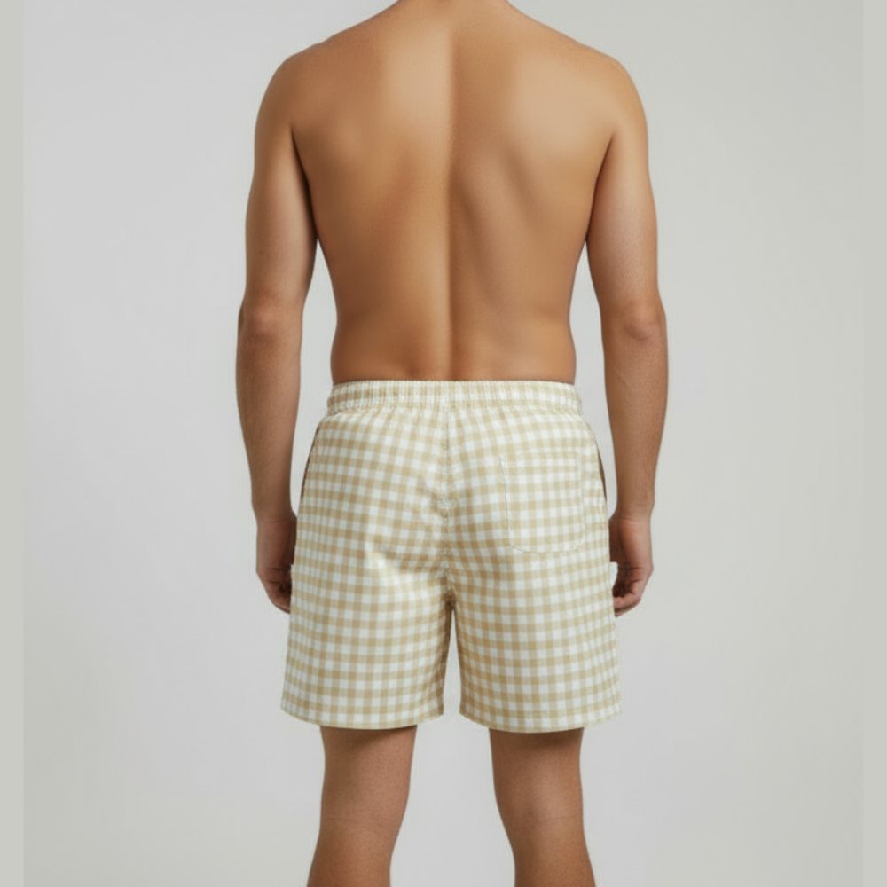 Men’s Tan Gingham Shorts with Drawstring and Pockets