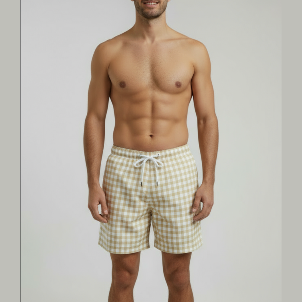 Men’s Tan Gingham Shorts with Drawstring and Pockets