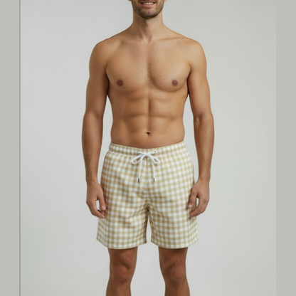 Men’s Tan Gingham Shorts with Drawstring and Pockets